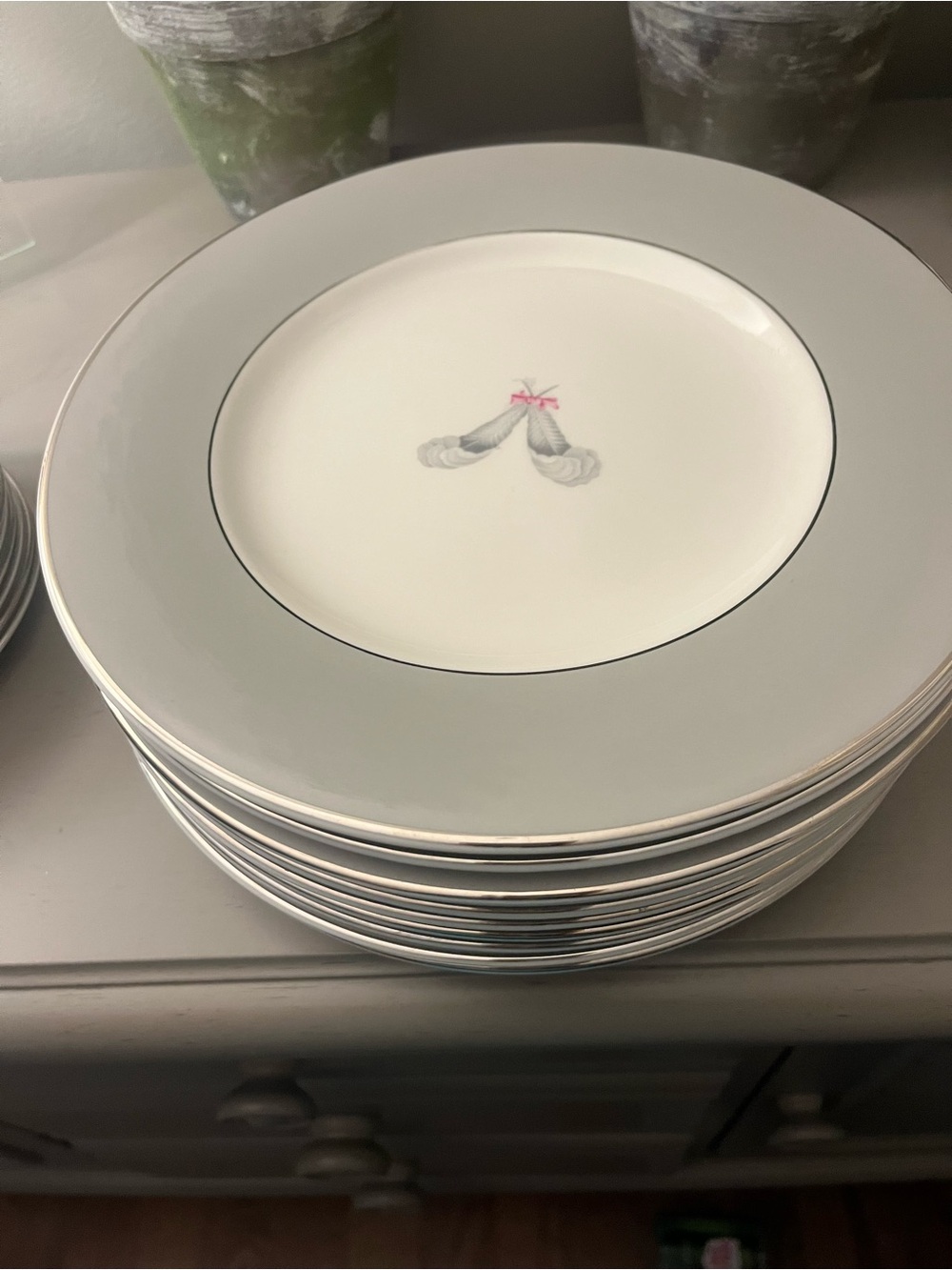 Syracuse Coronet Dinner Plate & Salad Plate with Silver Rim and Pink Bow Accent